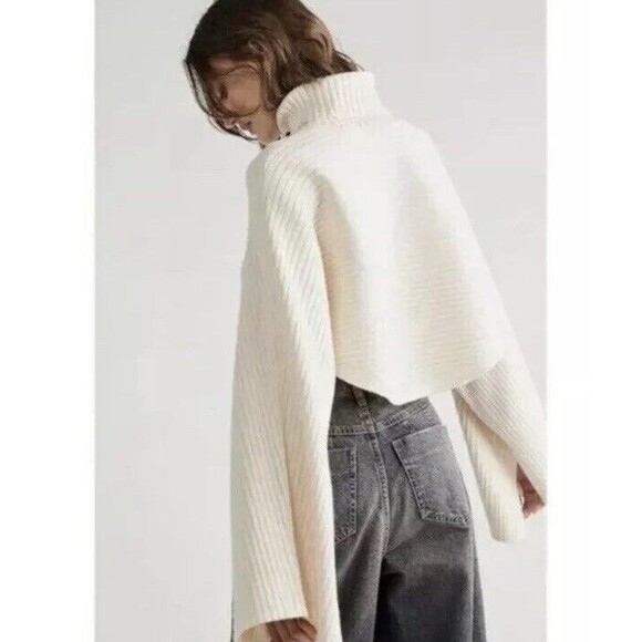 Free People Sweater Billie Mock Neck Womens XS Ivory Crop Ribbed Oversized Boho - Picture 2 of 15